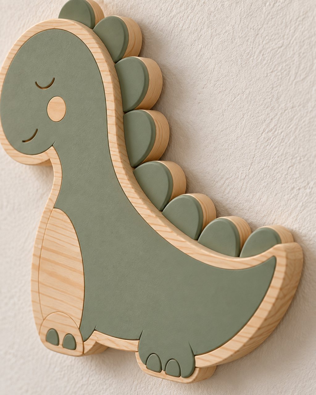 ORAWOOD dinosaur wall-light 30x28 display detail 2026-09-28 4/5 — Lampe Dinosaure murale, mise en scène illustrative : Gros plan illustratif des plaques dorsales vert sauge
