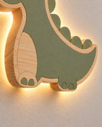 ORAWOOD dinosaur wall-light 30x28 display detail 2026-09-28 5/5 — Lampe Dinosaure murale, mise en scène illustrative : Gros plan illustratif des pattes, de la queue et du halo arrière