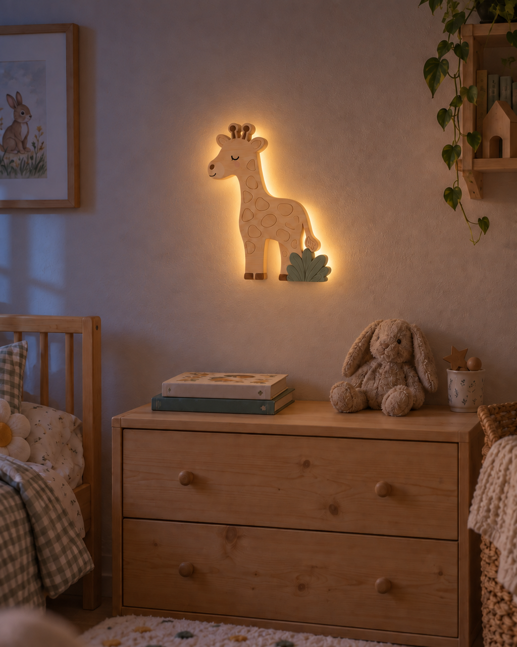 ORAWOOD giraffe wall-light 26x35 display detail 2026-09-28 2/5 — Lampe Girafe murale, mise en scène illustrative : Chambre d’enfant au crépuscule, halo arrière allumé, dimensions de présentation 26 × 35 cm