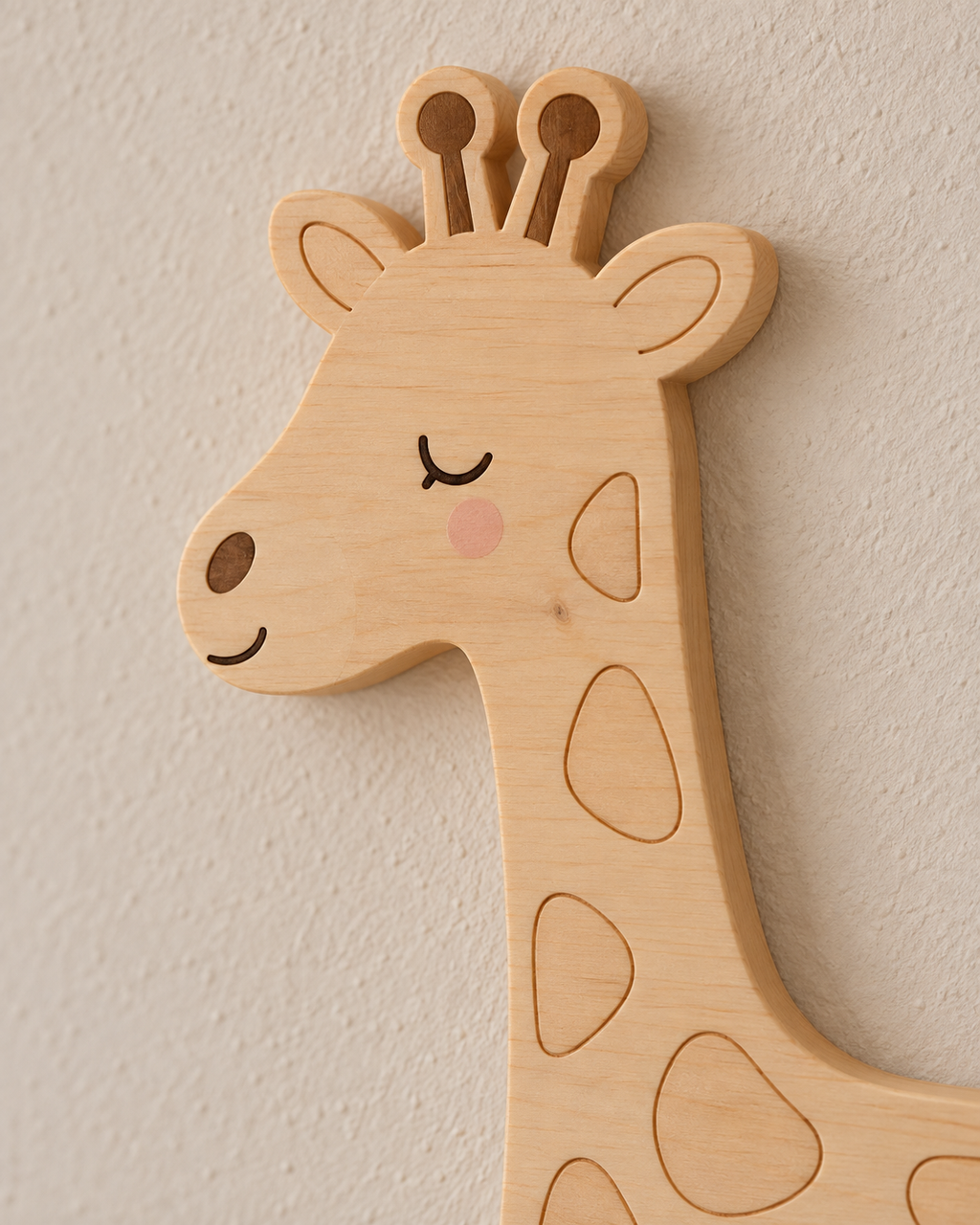 ORAWOOD giraffe wall-light 26x35 display detail 2026-09-28 3/5 — Lampe Girafe murale, mise en scène illustrative : Gros plan illustratif du visage, du cou et du pin