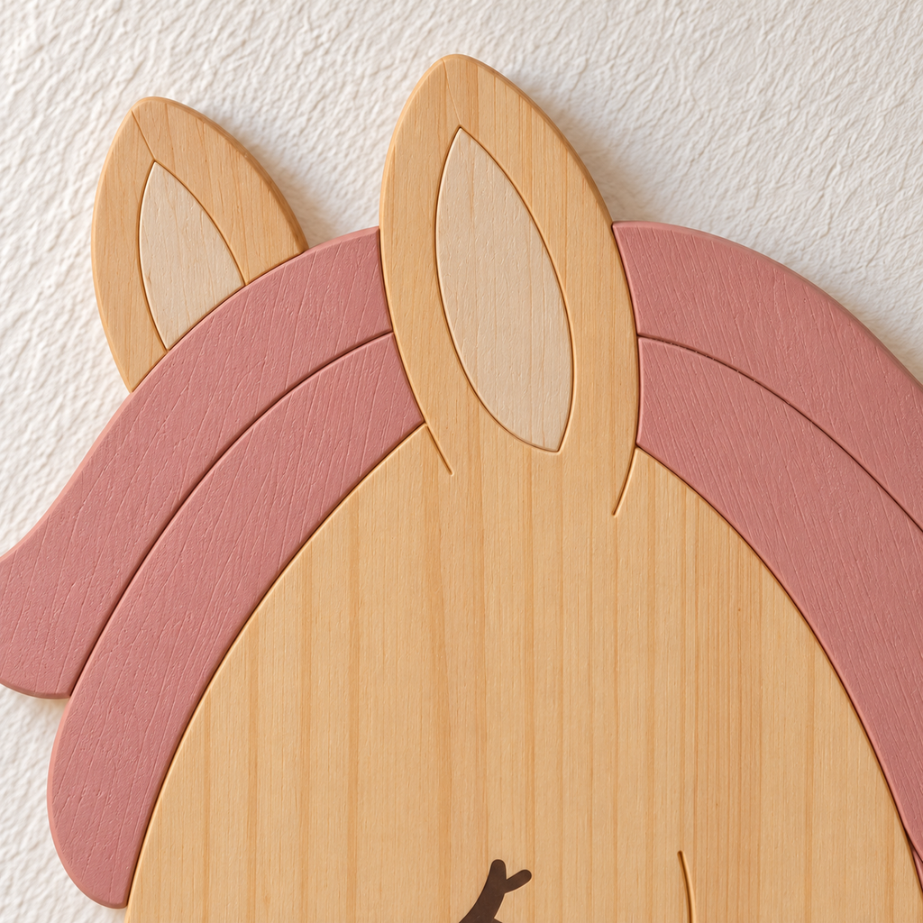 ORAWOOD Petit cheval flat detail 2026-09-30 2/5 — Gros plan illustratif : Oreilles et crinière rose tendre, contours en fines rainures