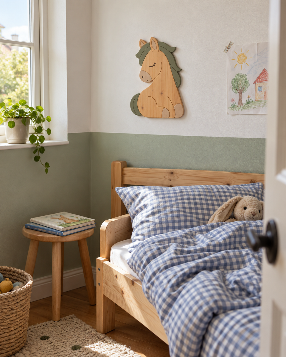 Mise en scène illustrative : Petit cheval vert sauge dans une chambre avec lit et dessins