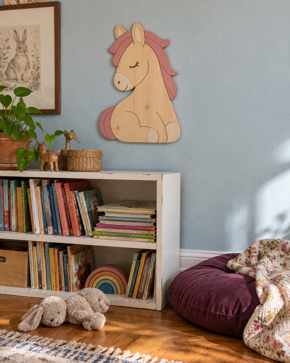 Mise en scène illustrative : Petit cheval rose dans un coin lecture bleu