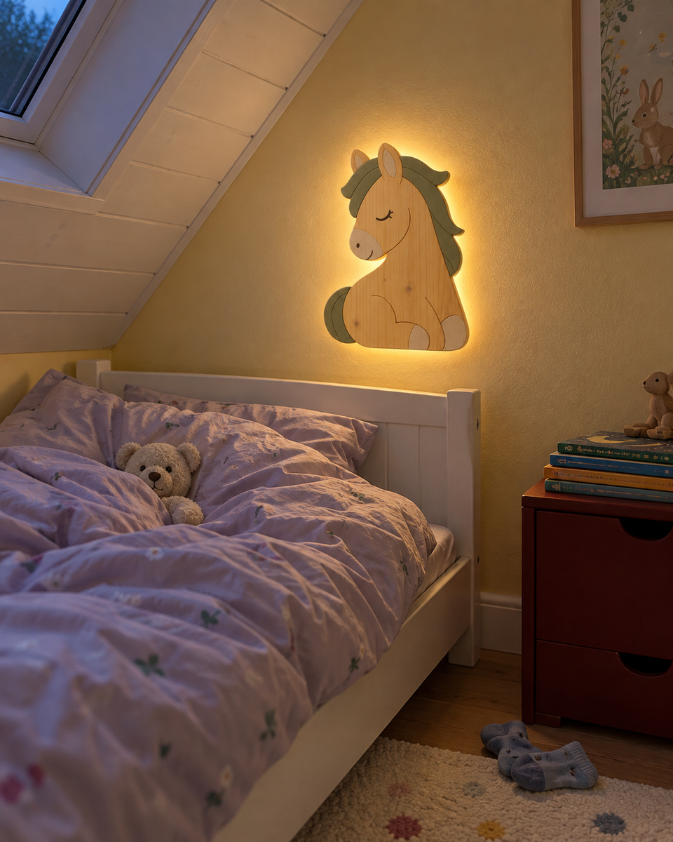 Mise en scène illustrative : Petit cheval vert sauge allumé dans une chambre mansardée