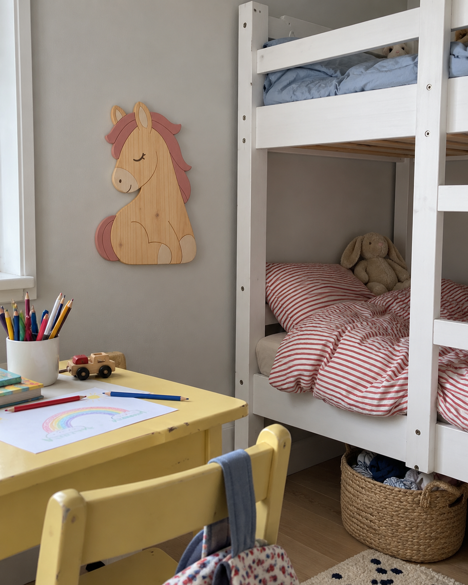 Mise en scène illustrative : Petit cheval rose dans une chambre avec lits superposés