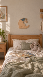 ORAWOOD moon wall-light real-scale detail 2026-09-28 1/5 — Lampe Lune murale, mise en scène illustrative : Chambre d’enfant, lampe éteinte, proportions illustrées pour 30 × 27,5 cm