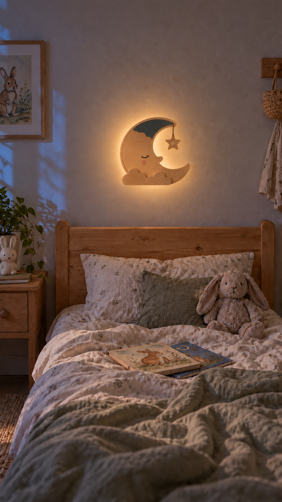 ORAWOOD moon wall-light real-scale detail 2026-09-28 2/5 — Lampe Lune murale, mise en scène illustrative : Chambre d’enfant au crépuscule, halo arrière allumé, proportions illustrées pour 30 × 27,5 cm
