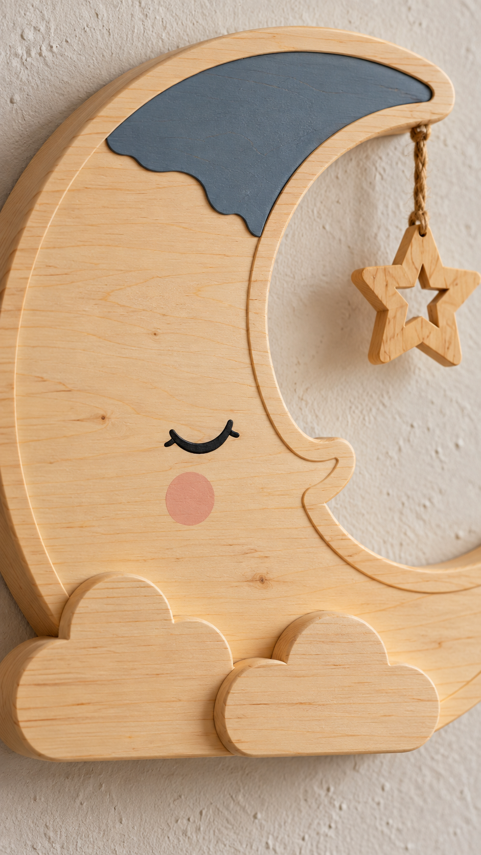 ORAWOOD moon wall-light real-scale detail 2026-09-28 5/5 — Lampe Lune murale, mise en scène illustrative : Gros plan illustratif du visage et des nuages en pin