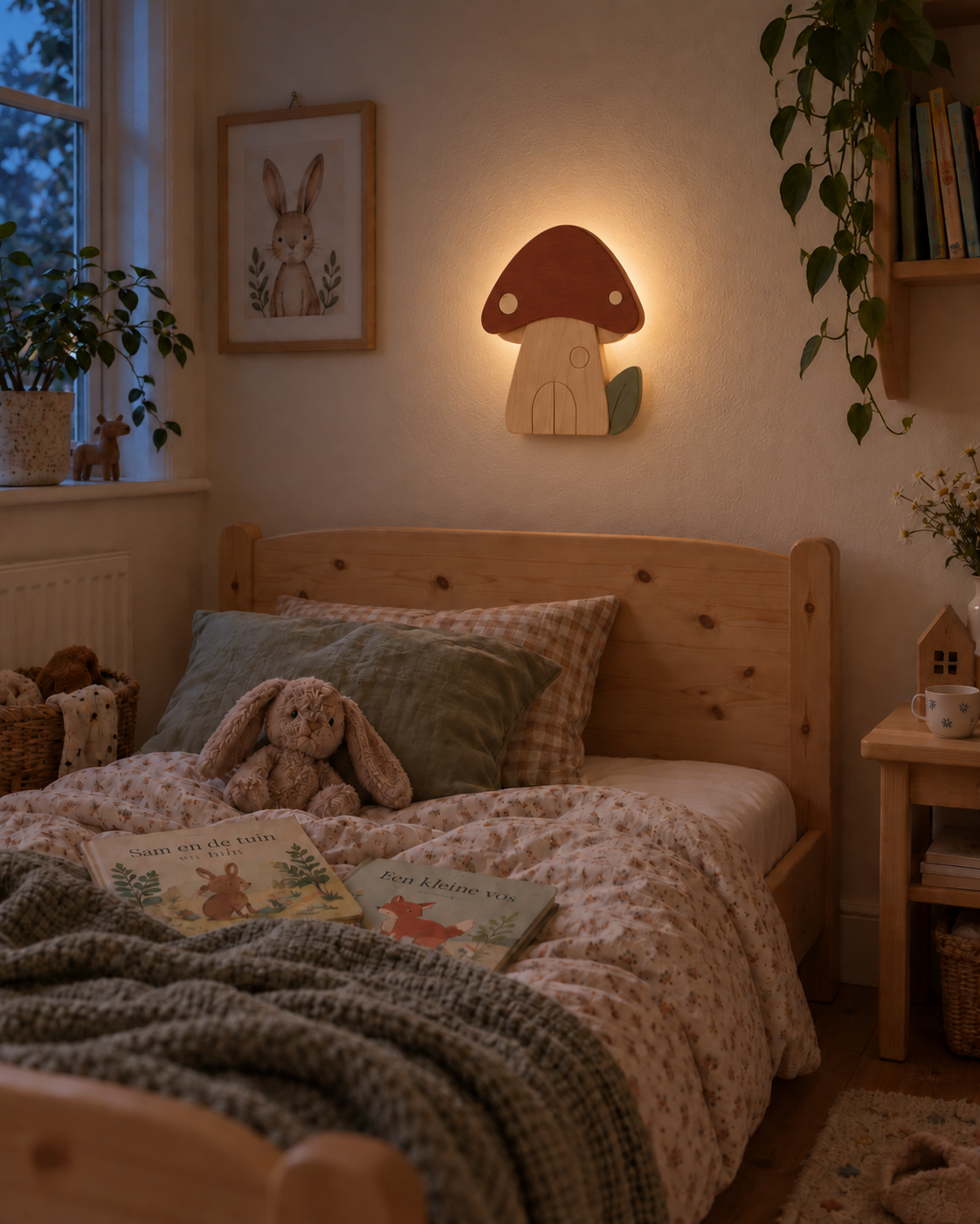 ORAWOOD mushroom wall-light 24x30 display detail 2026-09-28 2/5 — Lampe Champignon murale, mise en scène illustrative : Chambre d’enfant au crépuscule, halo arrière allumé, dimensions de présentation 24 × 30 cm