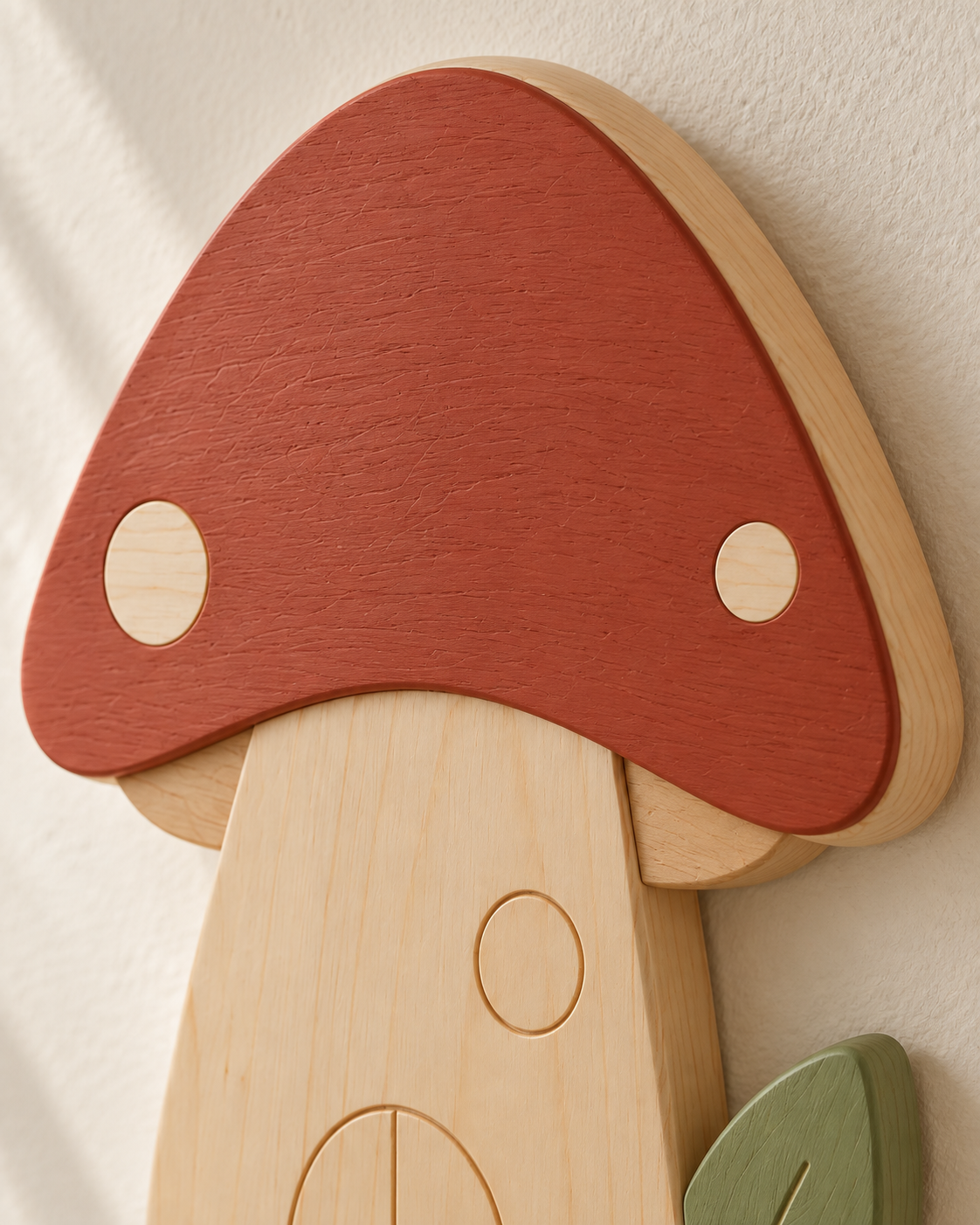 ORAWOOD mushroom wall-light 24x30 display detail 2026-09-28 3/5 — Lampe Champignon murale, mise en scène illustrative : Gros plan illustratif du chapeau terre cuite et des deux points en pin