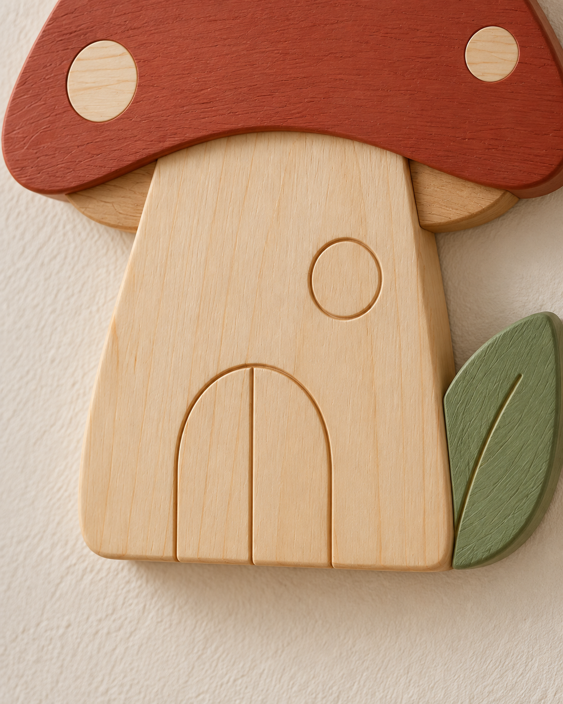 ORAWOOD mushroom wall-light 24x30 display detail 2026-09-28 4/5 — Lampe Champignon murale, mise en scène illustrative : Gros plan illustratif de la porte, de la fenêtre et du pin