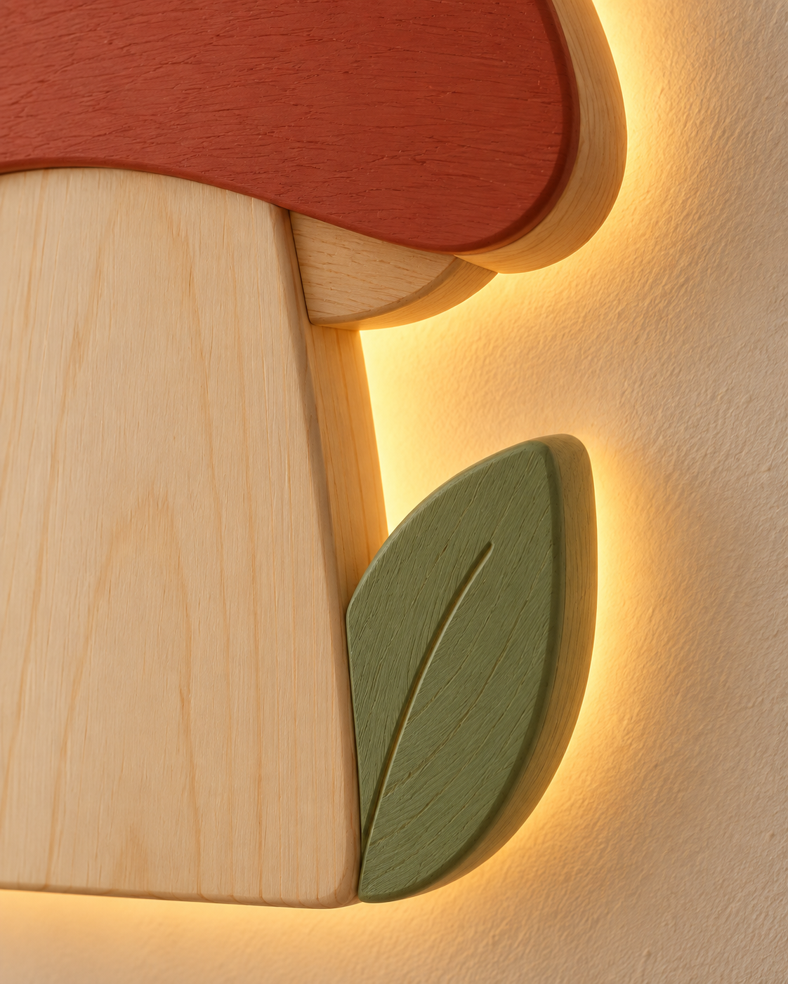 ORAWOOD mushroom wall-light 24x30 display detail 2026-09-28 5/5 — Lampe Champignon murale, mise en scène illustrative : Gros plan illustratif de la feuille et du halo arrière