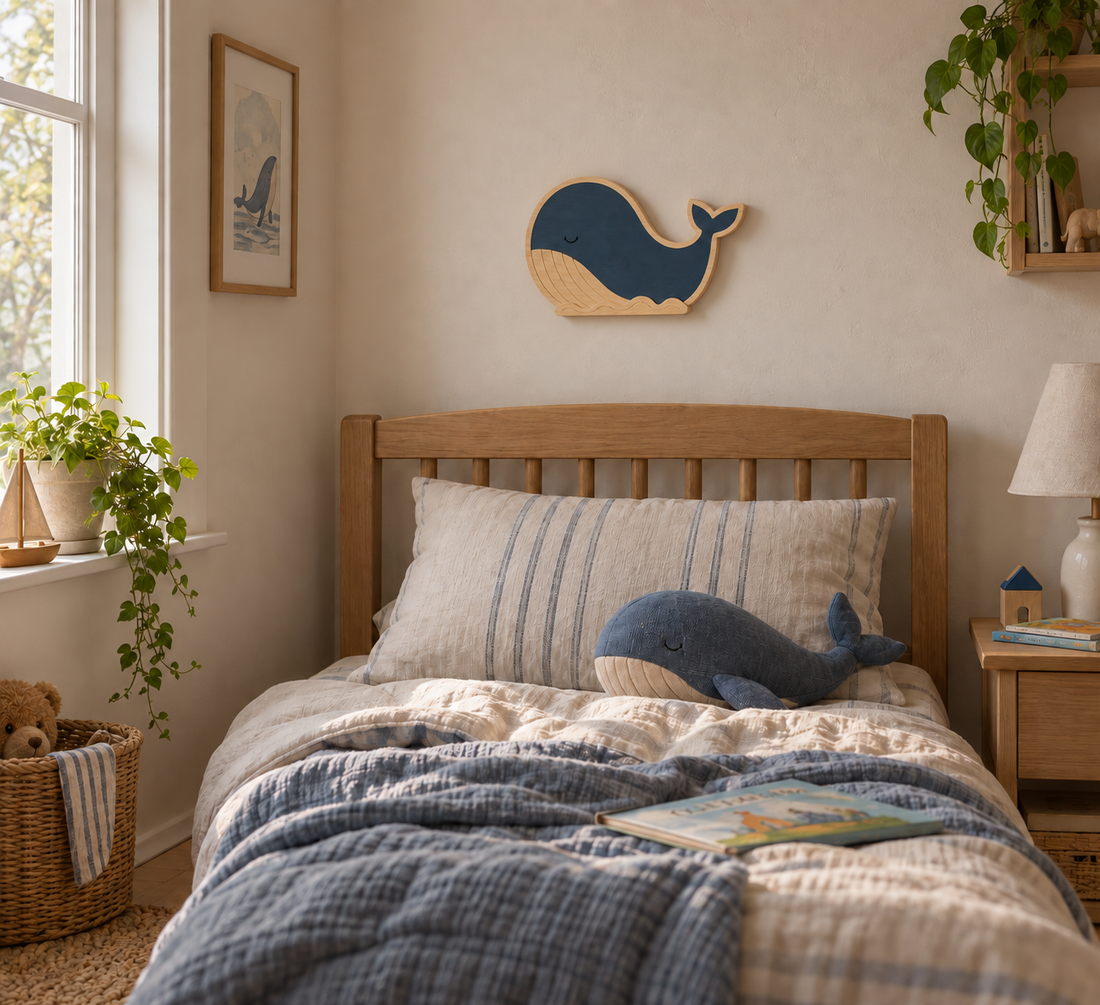 ORAWOOD wall-light real-scale detail 2026-09-28 1/5 — Lampe Baleine murale, mise en scène illustrative : Chambre d’enfant, lampe éteinte, proportions illustrées pour 35 × 18,5 cm