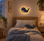 ORAWOOD wall-light real-scale detail 2026-09-28 2/5 — Lampe Baleine murale, mise en scène illustrative : Chambre d’enfant au crépuscule, halo arrière allumé, proportions illustrées pour 35 × 18,5 cm