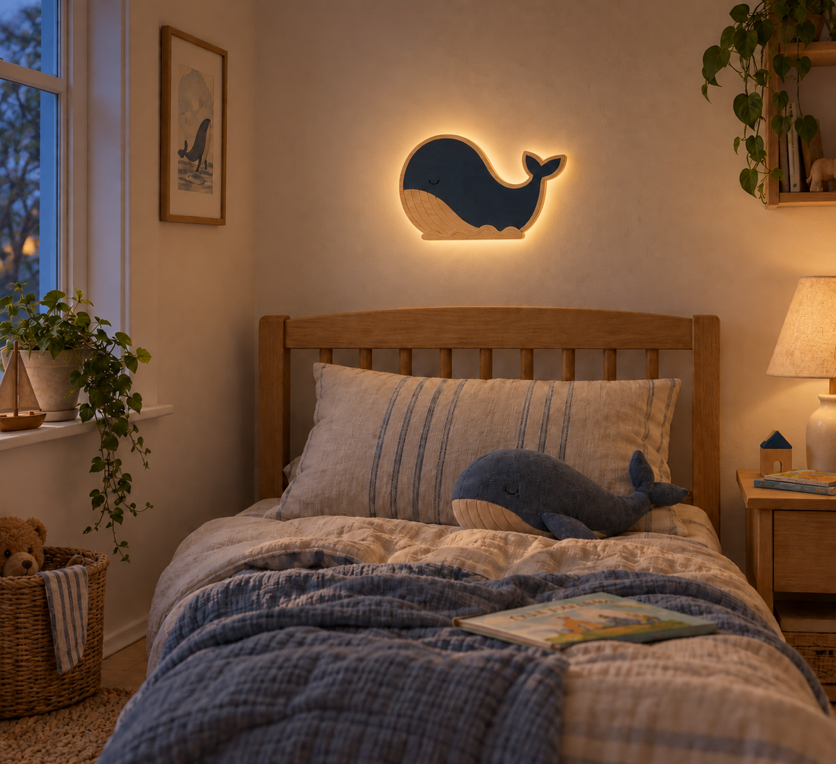 ORAWOOD wall-light real-scale detail 2026-09-28 2/5 — Lampe Baleine murale, mise en scène illustrative : Chambre d’enfant au crépuscule, halo arrière allumé, proportions illustrées pour 35 × 18,5 cm