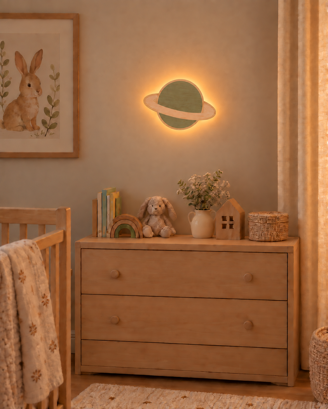 Visualisation illustrative de la lampe Planète murale ORAWOOD avec halo lumineux arrière
