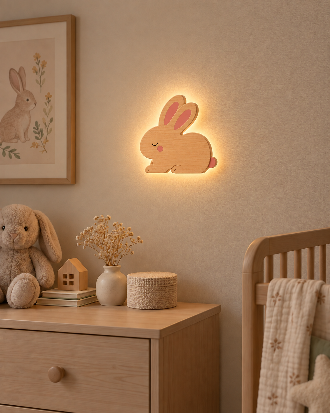 Visualisation illustrative de la lampe Lapin murale ORAWOOD avec halo lumineux arrière