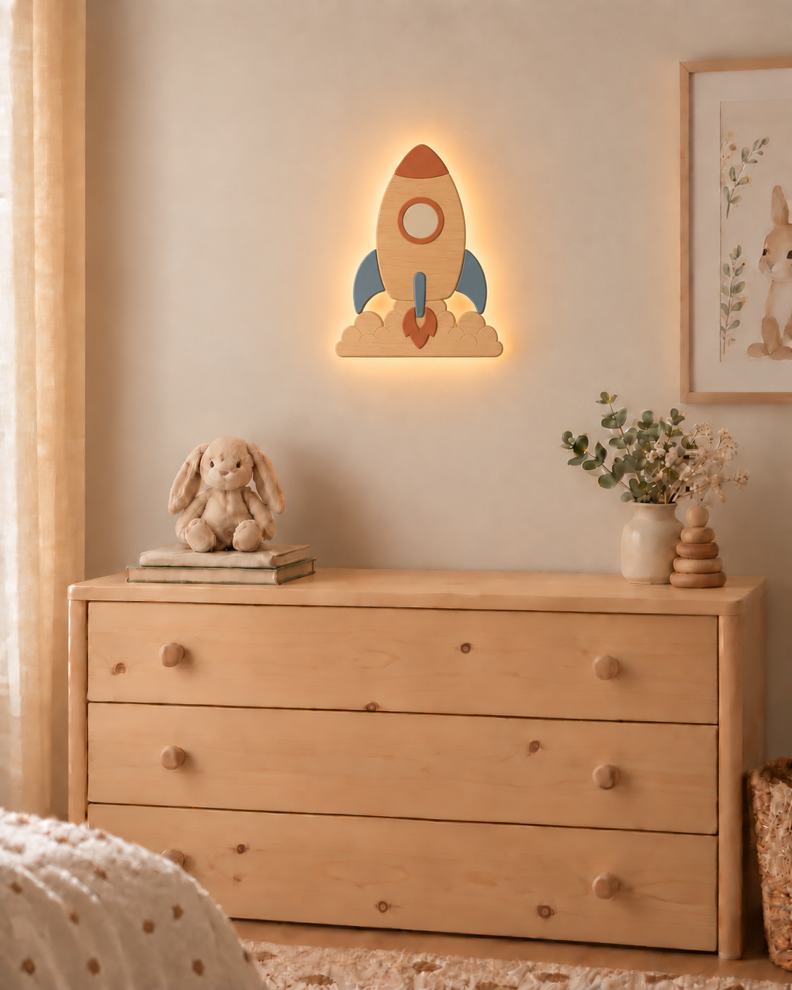 Visualisation illustrative de la lampe Fusée murale ORAWOOD avec halo lumineux arrière