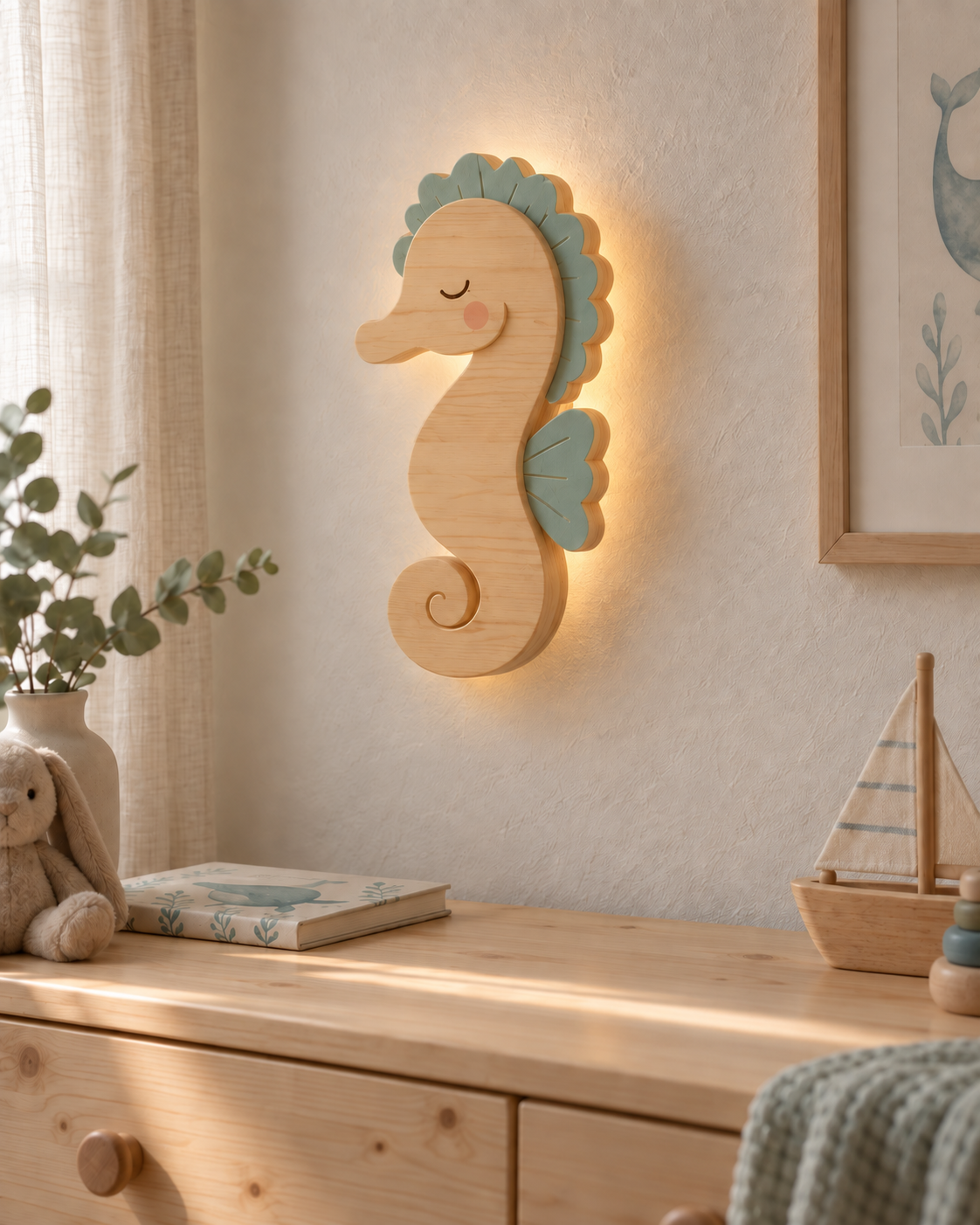 Visualisation illustrative de la lampe Hippocampe murale ORAWOOD avec halo lumineux arrière