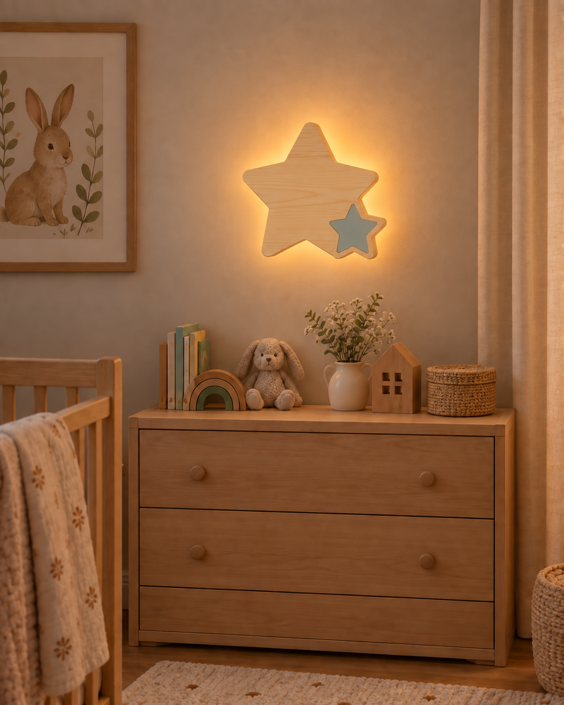 Visualisation illustrative de la lampe Duo d’étoiles murale ORAWOOD avec halo lumineux arrière