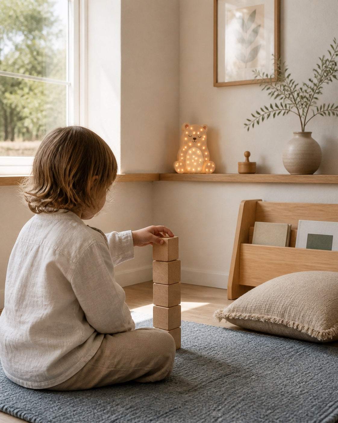 Lampe ORAWOOD allumée dans une chambre d’enfant à la lumière du jour