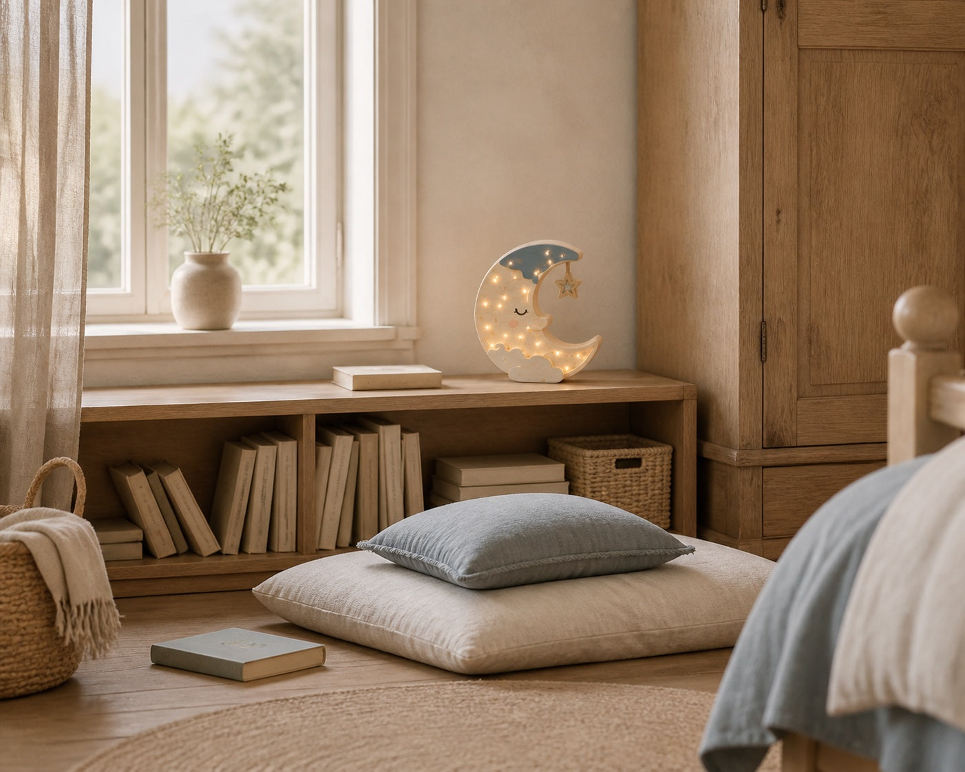 Lampe lune ORAWOOD allumée dans le coin lecture d’une chambre d’enfant