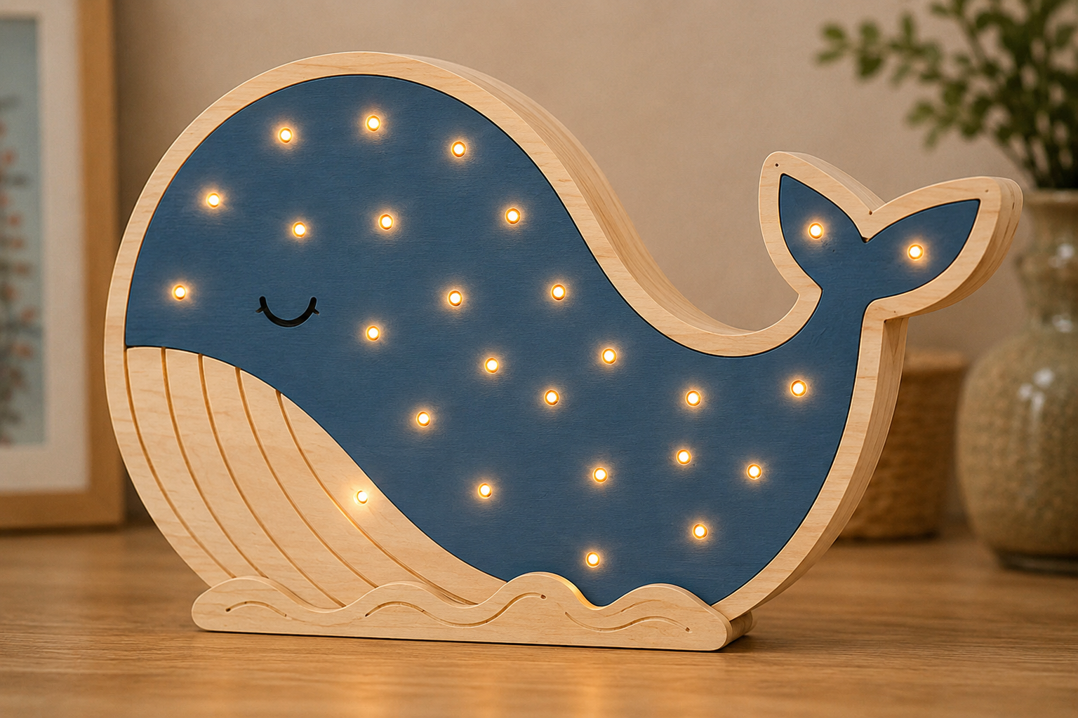 Lampe baleine ORAWOOD allumée dans une chambre d’enfant lumineuse