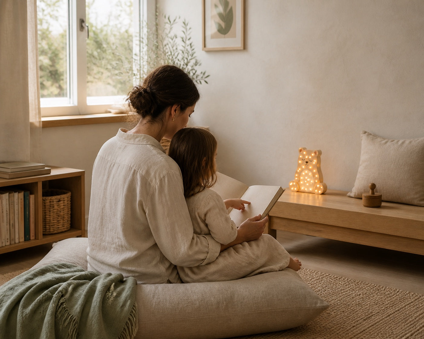 Une mère lit avec son enfant dans une chambre lumineuse, près d’une lampe ours ORAWOOD